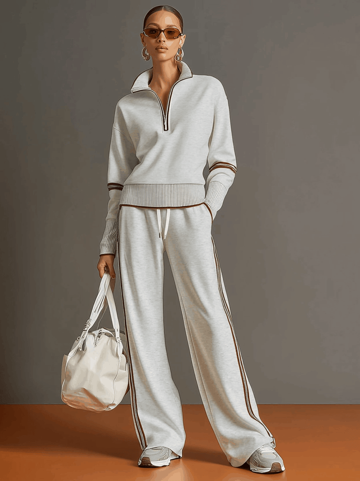 Vintage-Inspired Grey and White Half-Zip Sweatshirt with Wide-Leg Trousers Set