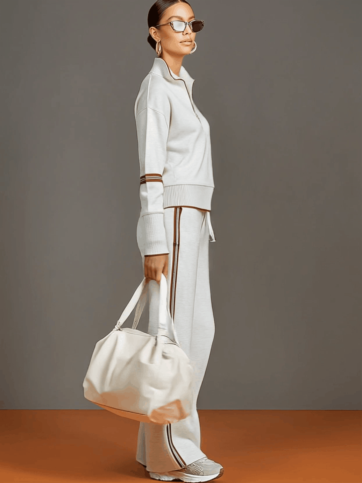 Vintage-Inspired Grey and White Half-Zip Sweatshirt with Wide-Leg Trousers Set