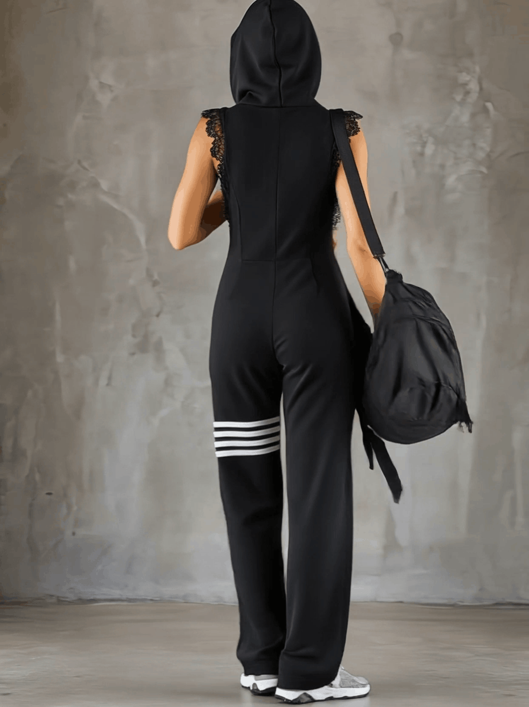 Retro-Inspired Black Sleeveless Hooded Jumpsuit with Sporty Lace Stripes