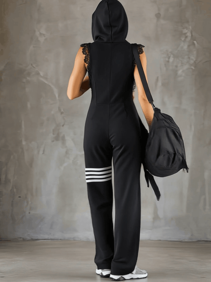 Retro-Inspired Black Sleeveless Hooded Jumpsuit with Sporty Lace Stripes