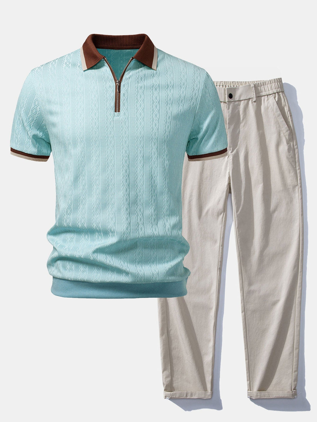 Men's Short Sleeve Zip Polo & Elastic-Waist Straight-Leg Pants Set