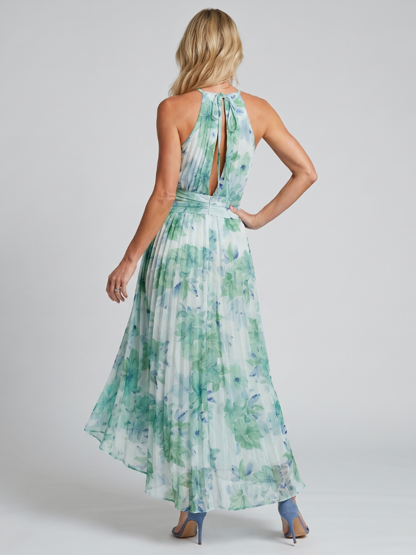 Portia | Women's Pleated Halter Soft Floral Pattern Midi Dress