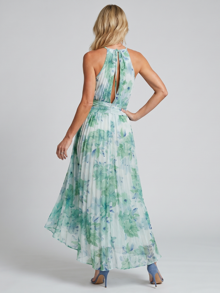 Portia | Women's Pleated Halter Soft Floral Pattern Midi Dress