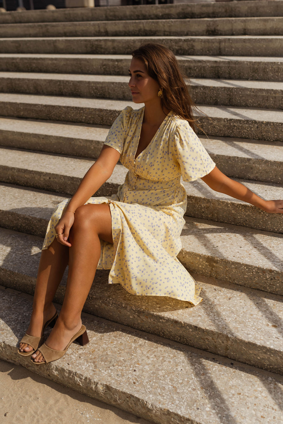 Diana | Women's Floral Midi Dress with V-Neck and Short Sleeves
