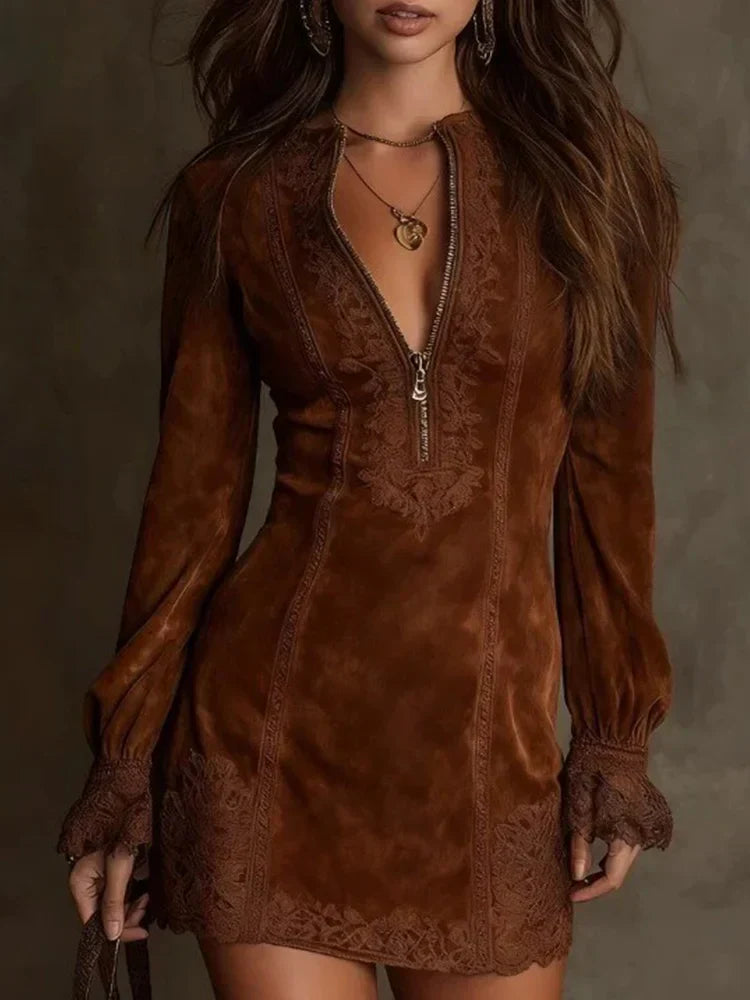 Chic Short Suede Lace Dress - Elegant & Feminine