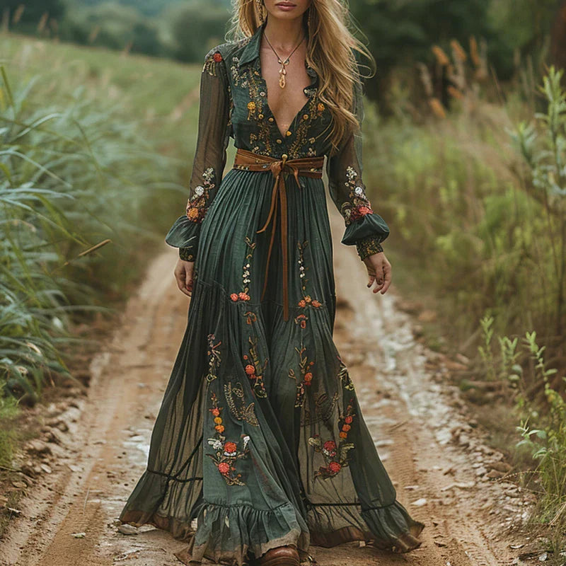 Bohemian Embroidered V-Neck Maxi Dress for Women