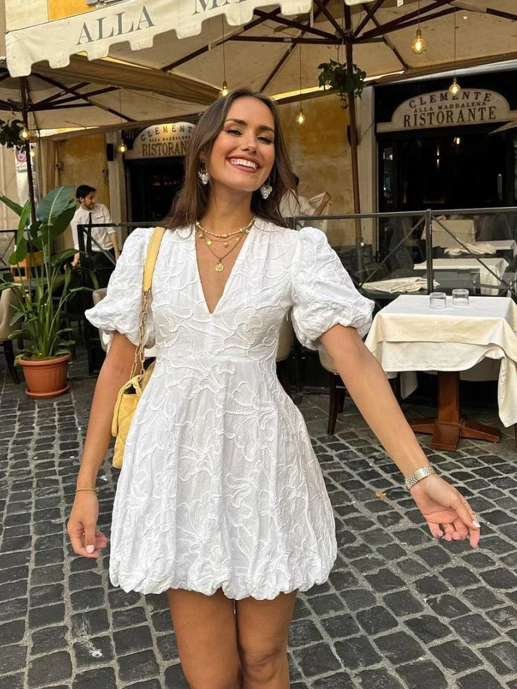 Fay | White Dress Featuring Embroidered Ruffle Accents