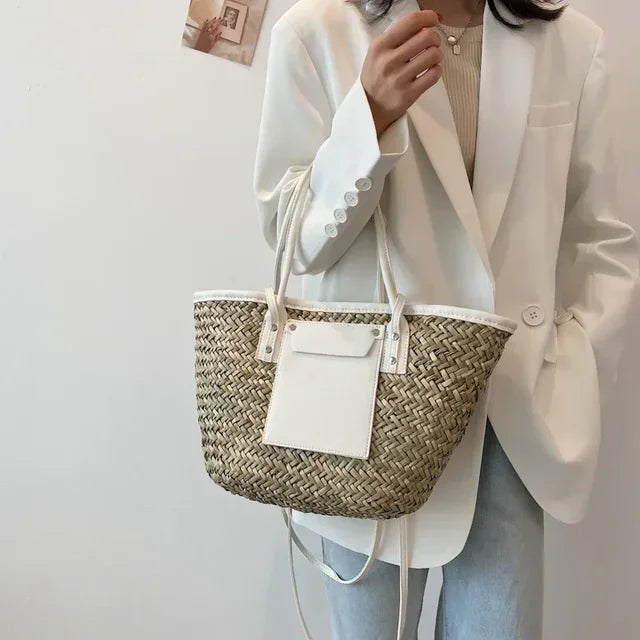 Torborg | Elegant straw bag with leather accents