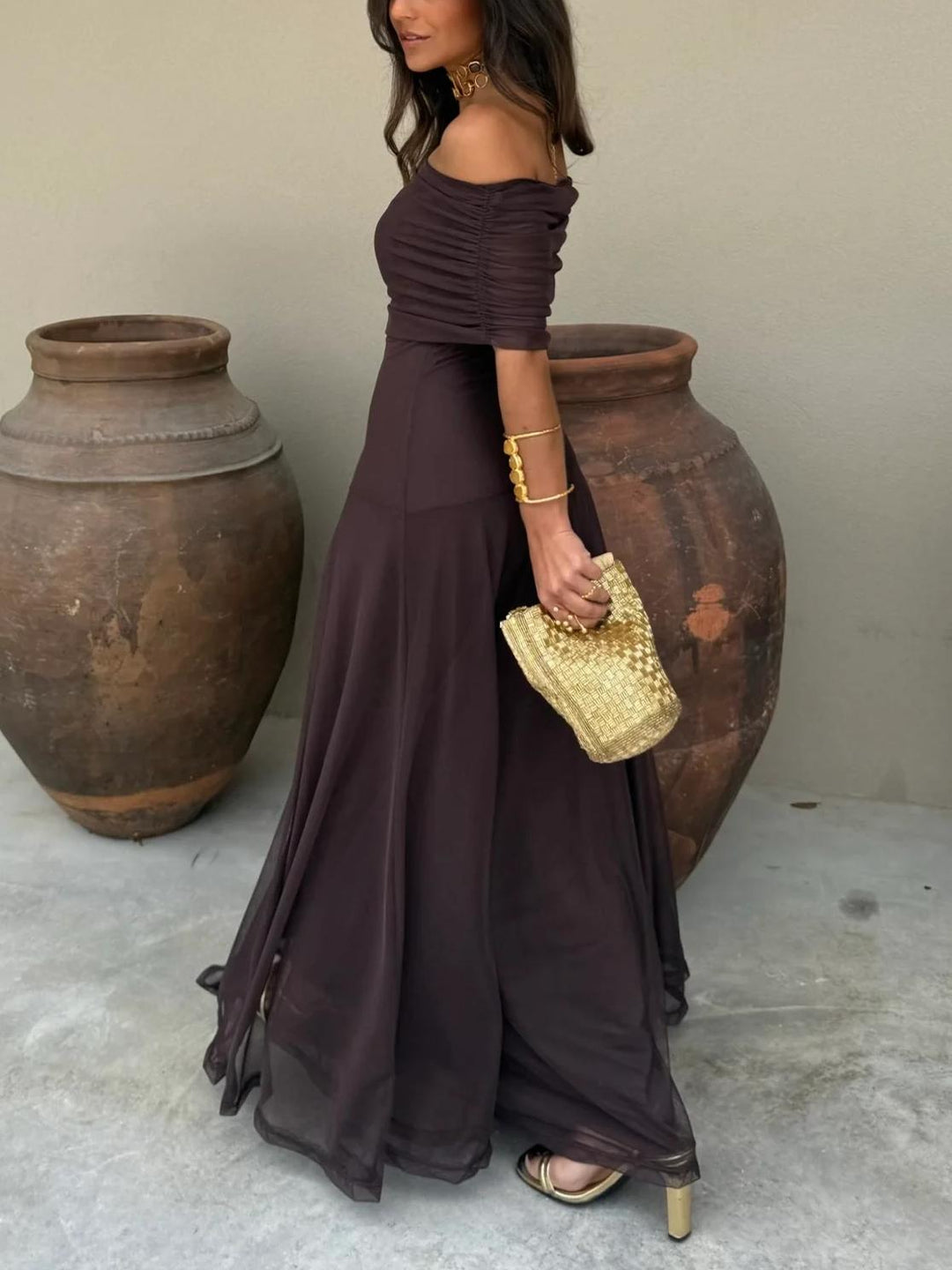 Women's Off-Shoulder Short Sleeve Maxi Dress