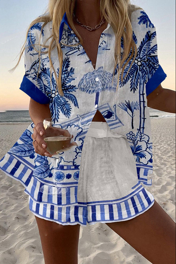 Zanika™ | Short Linen Set with Palm Print.