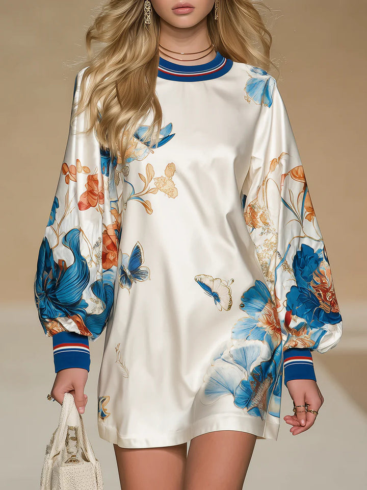 Retro Floral Satin Mini Dress with Court-Inspired Design