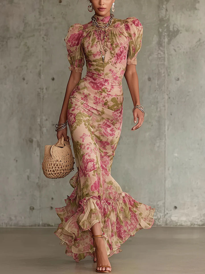 Mae | Retro Floral Puff Sleeve Maxi Dress