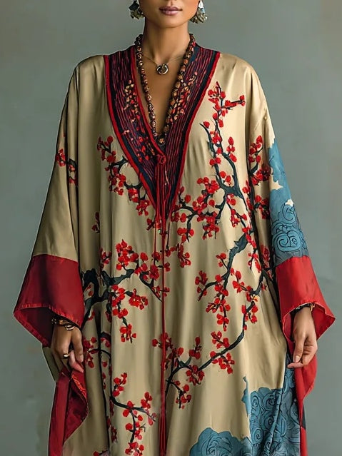 Maxi Dress with Batwing Sleeves and Japanese Red Plum Blossom Print