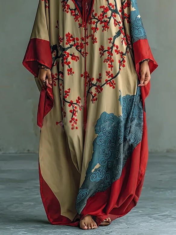 Maxi Dress with Batwing Sleeves and Japanese Red Plum Blossom Print