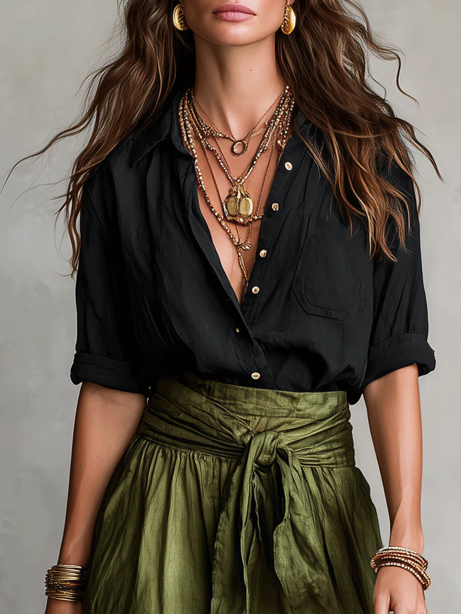 Vera | Black T-Shirt and Olive Green Midi Skirt Two-Piece Set