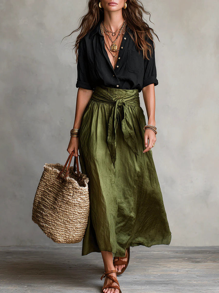 Vera | Black T-Shirt and Olive Green Midi Skirt Two-Piece Set