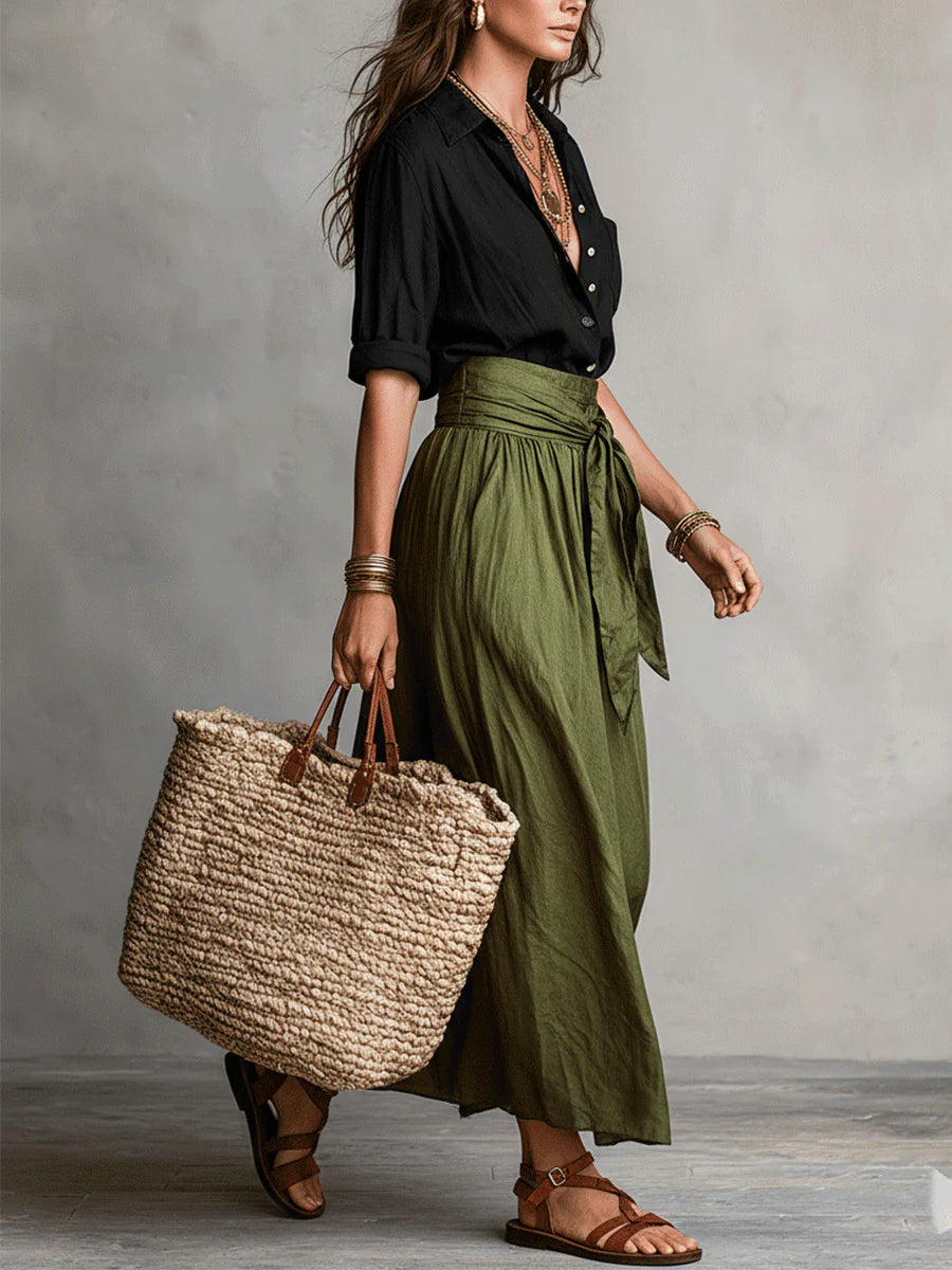 Vera | Black T-Shirt and Olive Green Midi Skirt Two-Piece Set