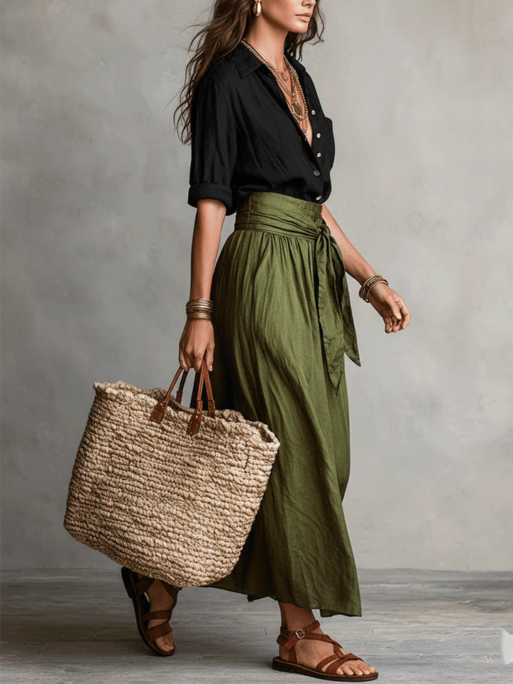 Vera | Black T-Shirt and Olive Green Midi Skirt Two-Piece Set