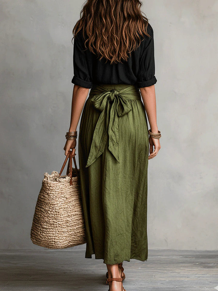 Vera | Black T-Shirt and Olive Green Midi Skirt Two-Piece Set