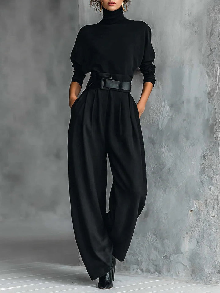 Black Turtleneck Long Sleeve Top and Straight-Leg Trouser Set with Belt