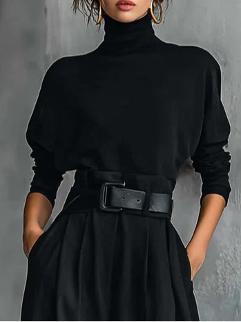 Black Turtleneck Long Sleeve Top and Straight-Leg Trouser Set with Belt