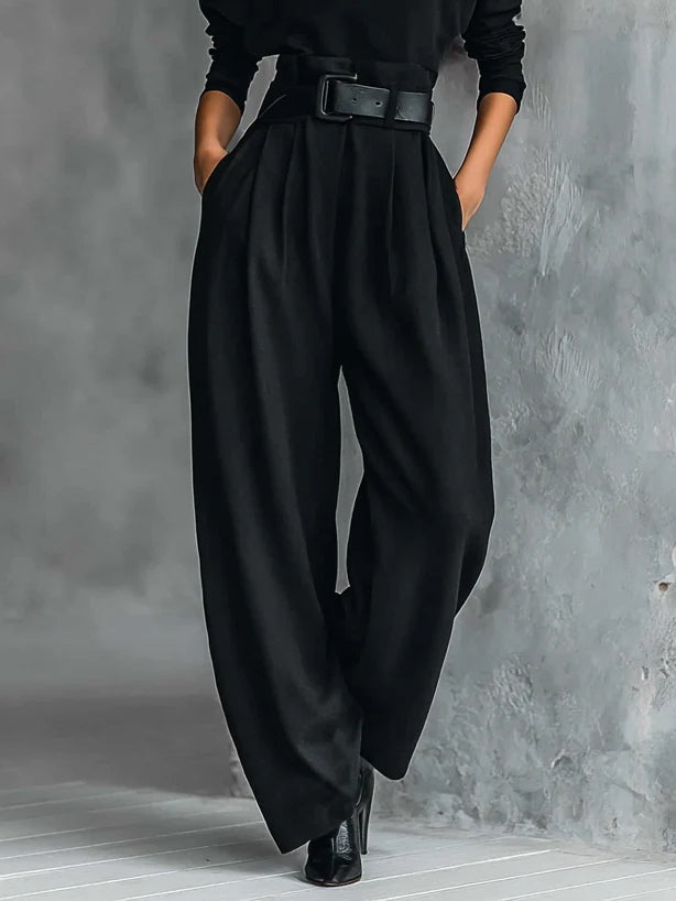 Black Turtleneck Long Sleeve Top and Straight-Leg Trouser Set with Belt