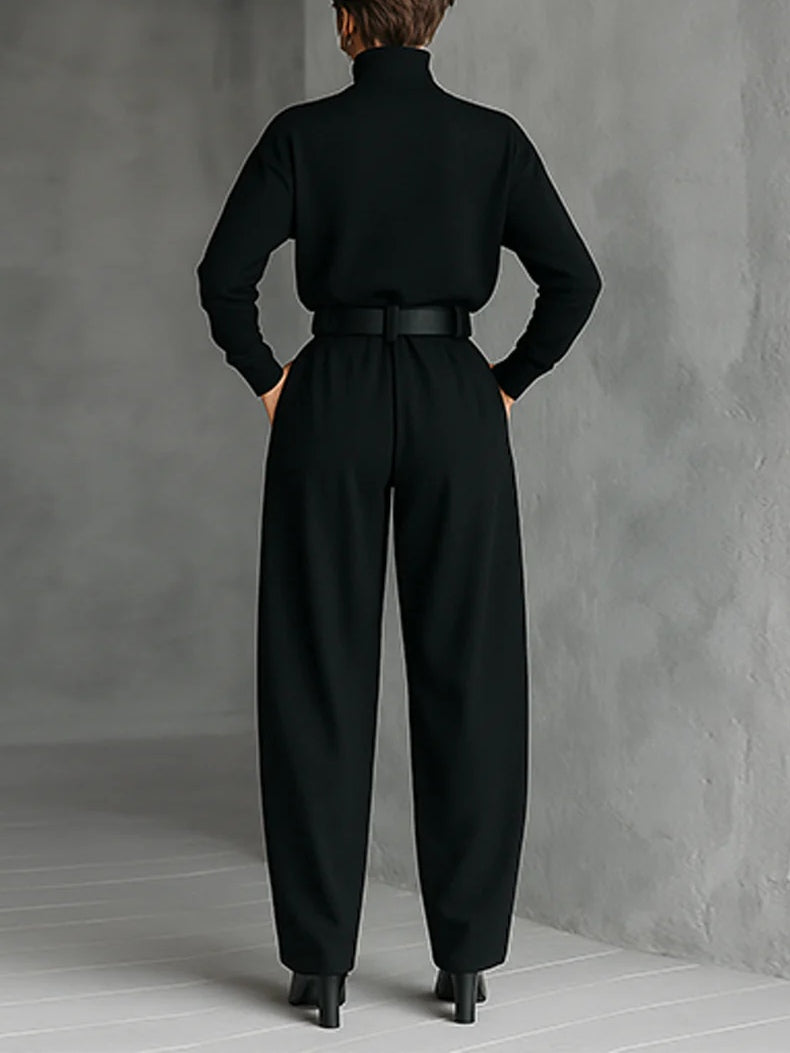 Black Turtleneck Long Sleeve Top and Straight-Leg Trouser Set with Belt
