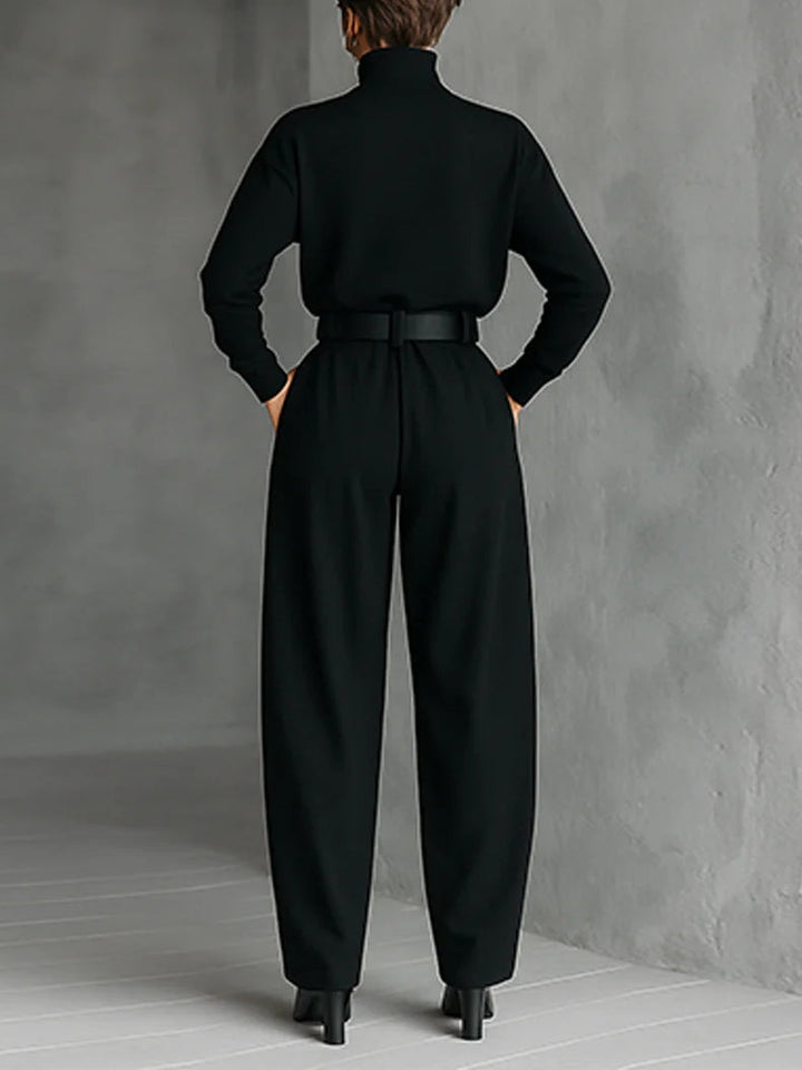 Black Turtleneck Long Sleeve Top and Straight-Leg Trouser Set with Belt