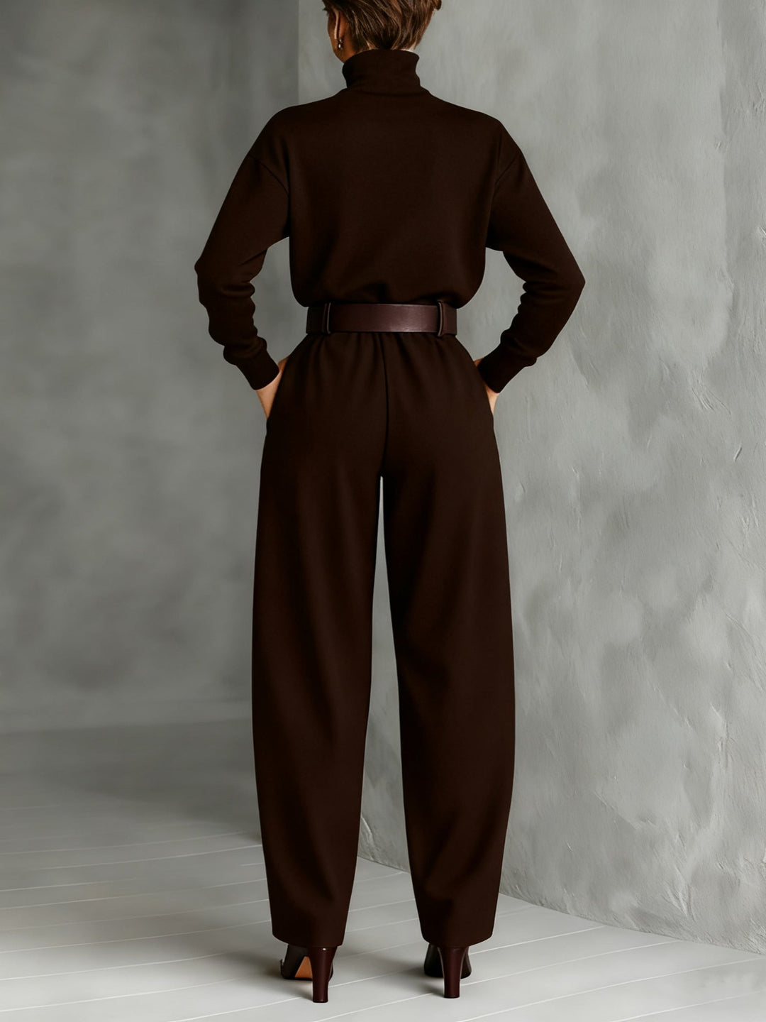 Black Turtleneck Long Sleeve Top and Straight-Leg Trouser Set with Belt