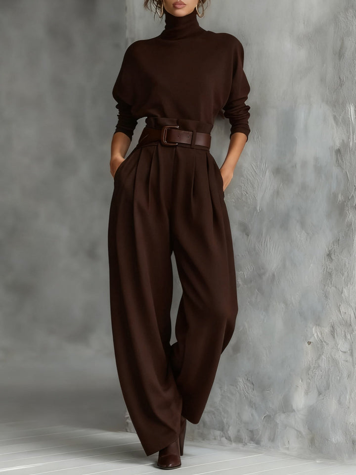 Black Turtleneck Long Sleeve Top and Straight-Leg Trouser Set with Belt