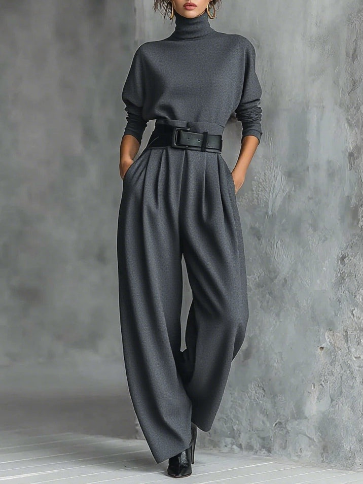 Black Turtleneck Long Sleeve Top and Straight-Leg Trouser Set with Belt