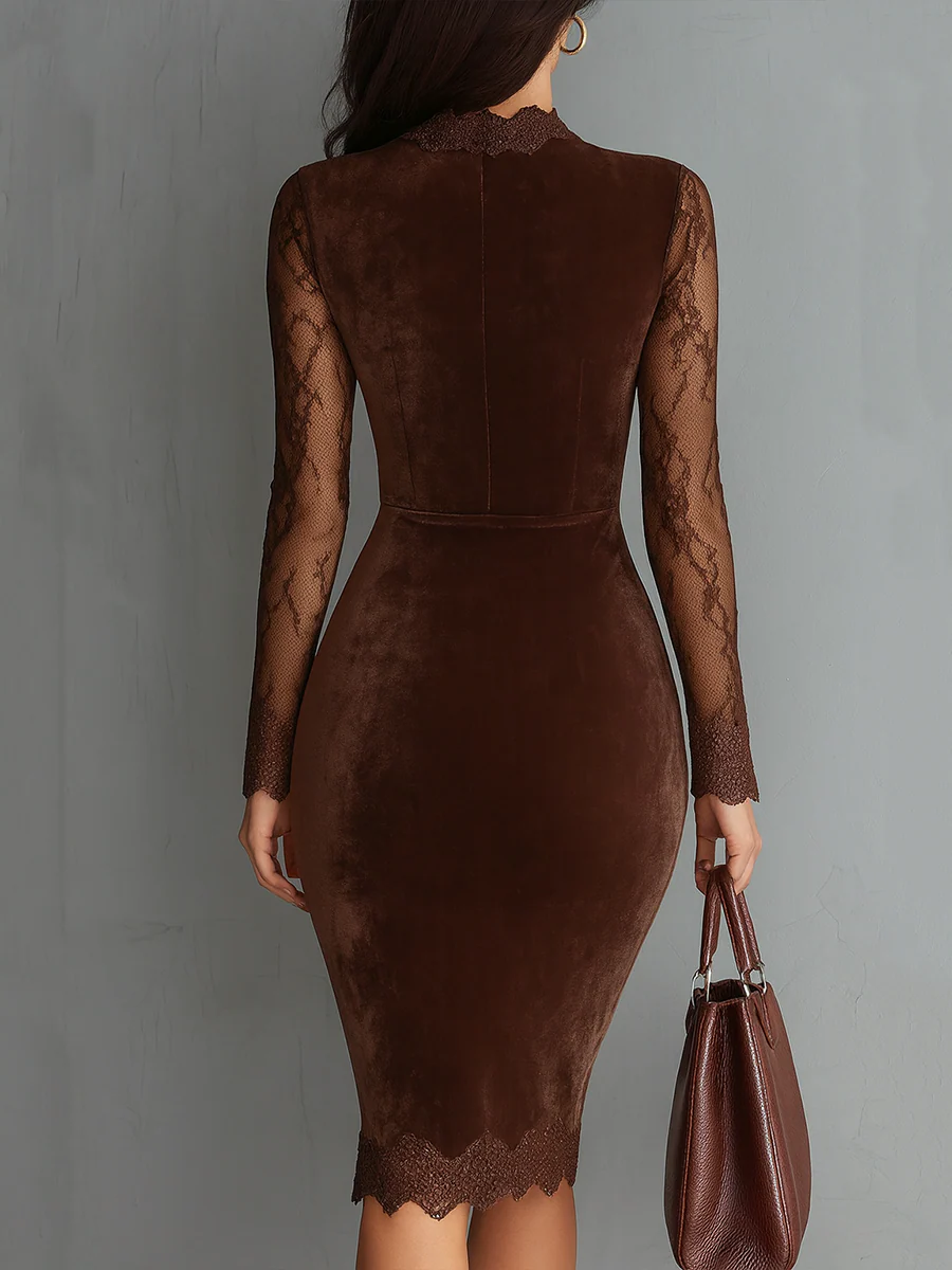 Brown Vintage Velvet Mini Dress with Keyhole Neckline and Lace Sleeves