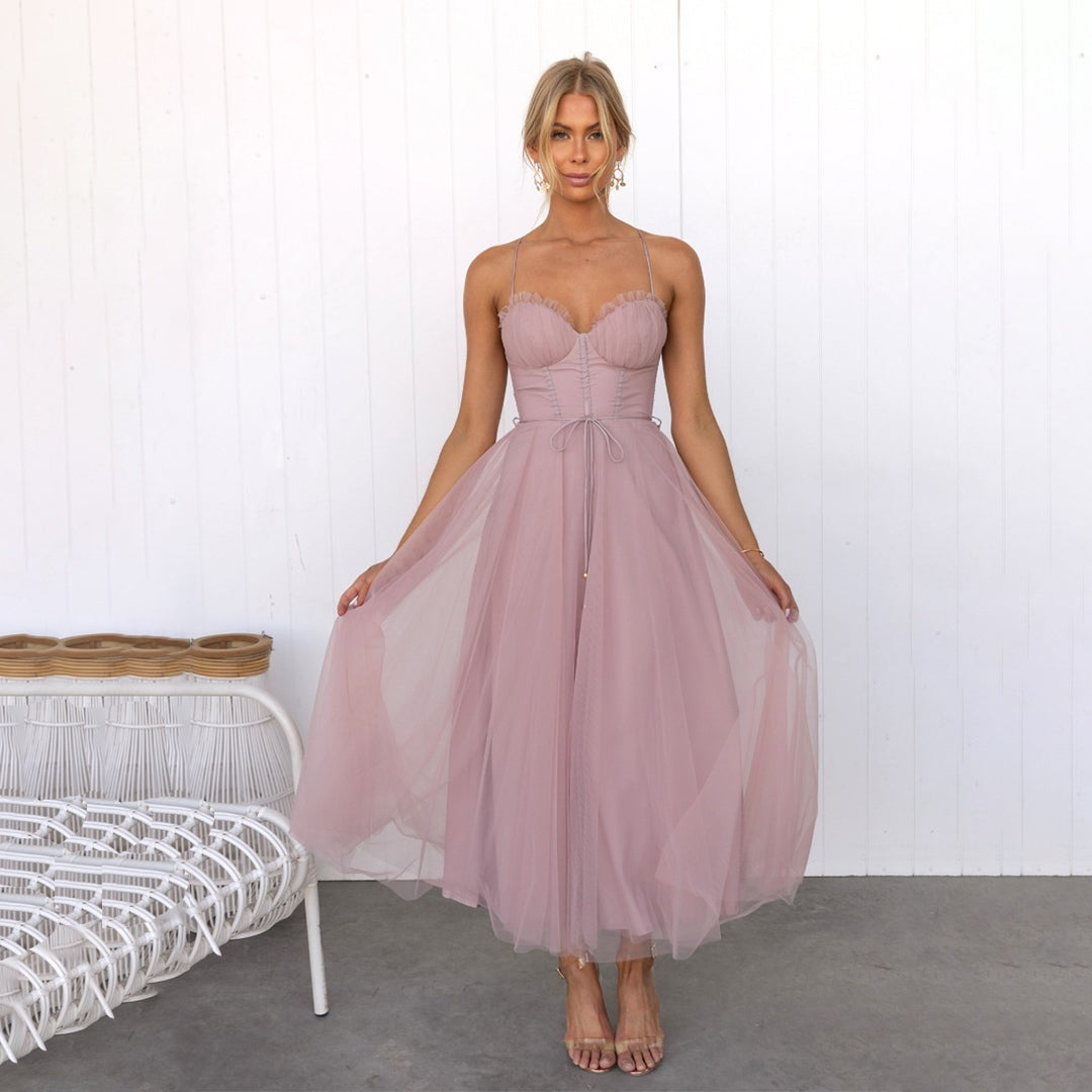 Women's Sleeveless Midi Dress with Tie Waist
