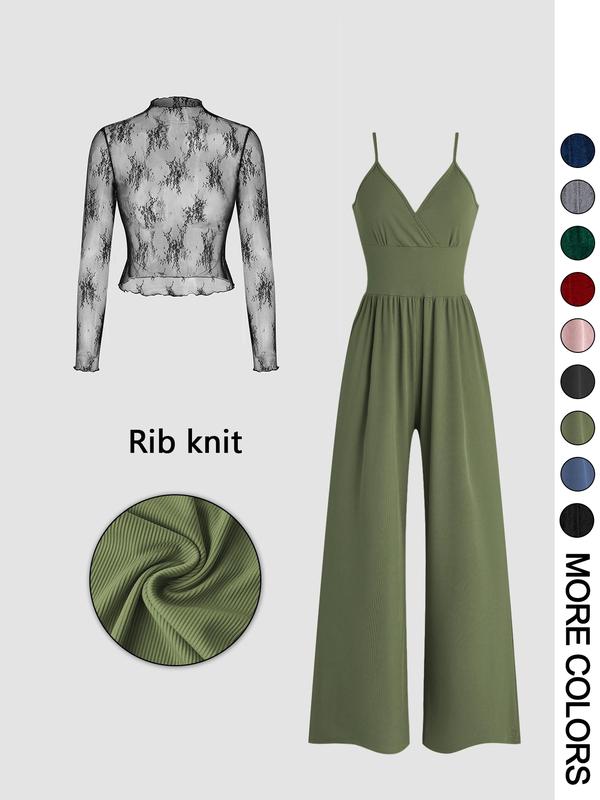 MARYAM™ - Solid Color Lace Top & Pocket Jumpsuit Ensemble