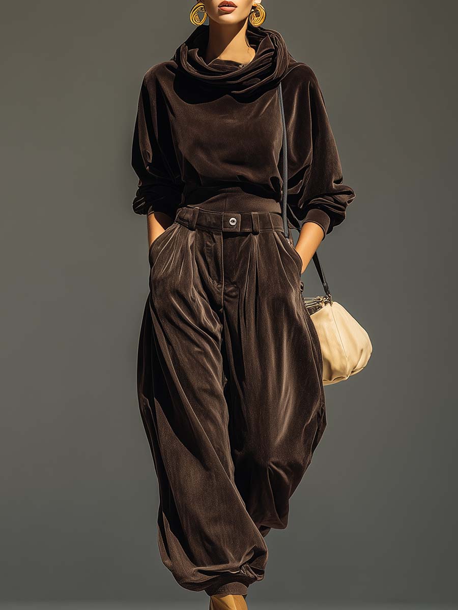 Retro Brown Velvet Hoodie and Relaxed Trousers Set (Belt Included)