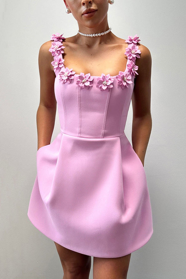 Cindy | Feminine Mini Dress with Floral Applications