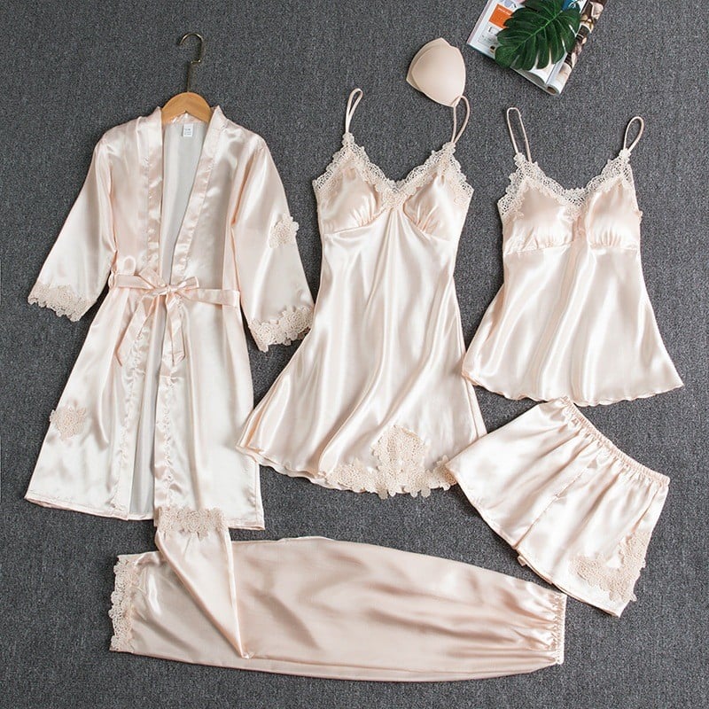 Elegant Women's Ice Silk Nightdress Set - 5 Pieces