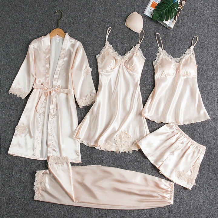 Elegant Women's Ice Silk Nightdress Set - 5 Pieces