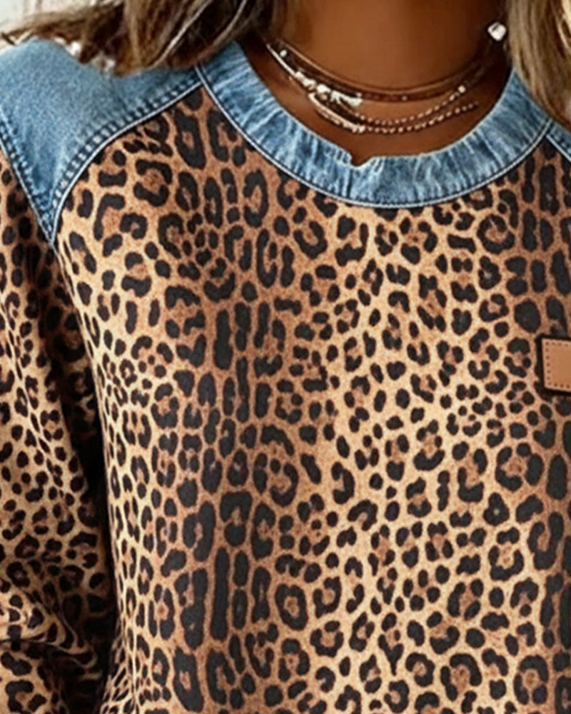 Leopard Print Denim Patchwork Sweater