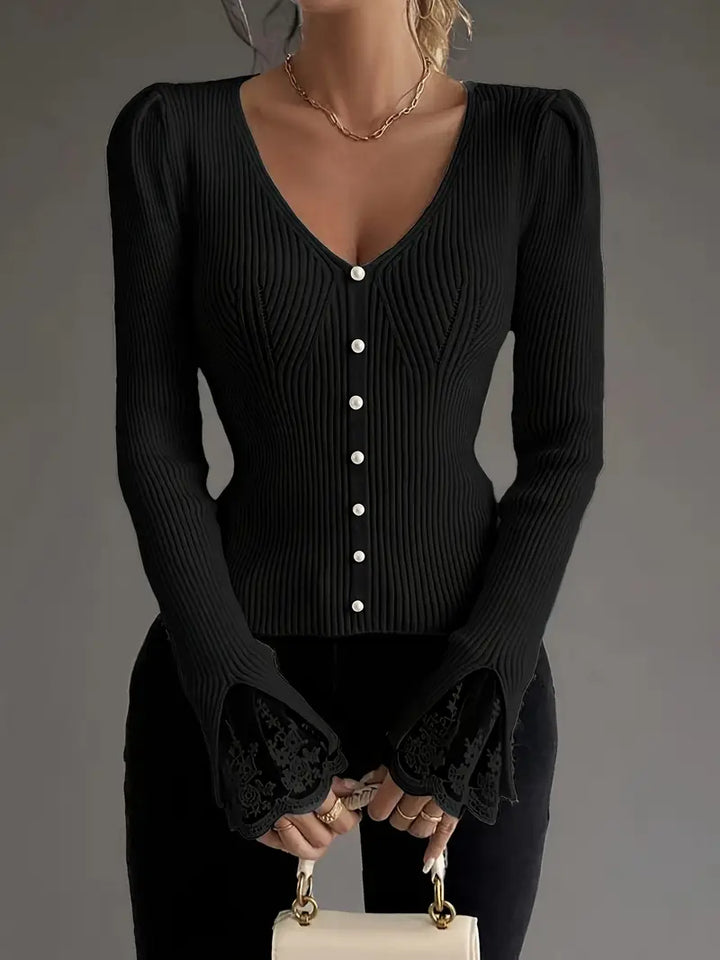 Women's Cropped Floral V-Neck Ribbed Top with Sleeves