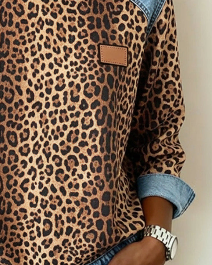 Leopard Print Denim Patchwork Sweater