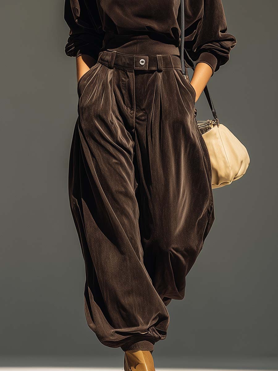 Retro Brown Velvet Hoodie and Relaxed Trousers Set (Belt Included)