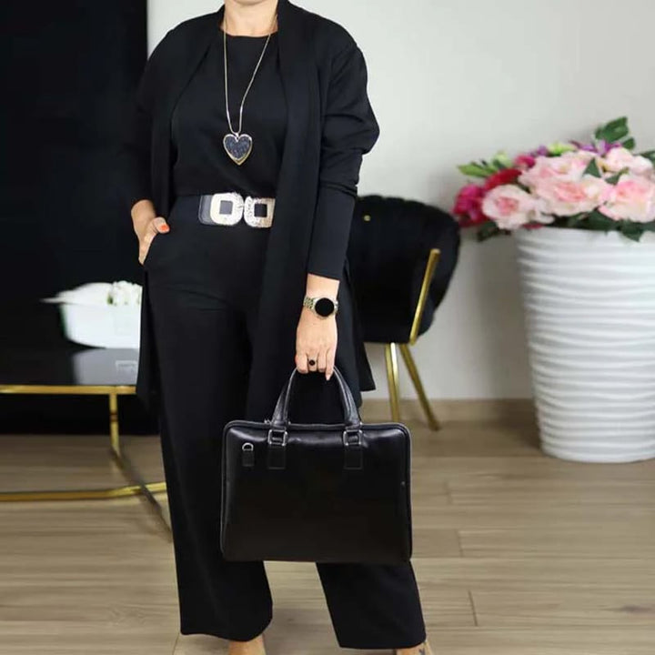 Chic 3-Piece Ensemble: Long Cardigan, Top, and Trousers
