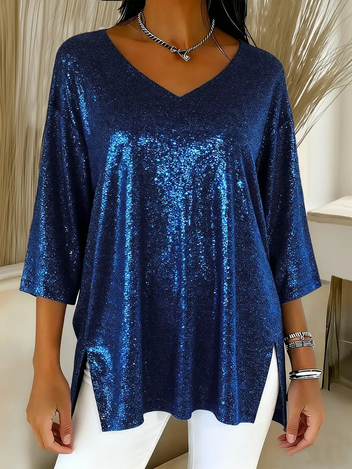 Elina | Women's Shiny V-Neck Christmas Top with Pockets
