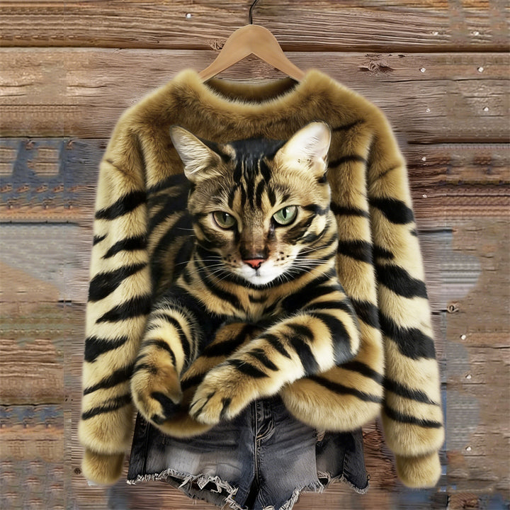 Women's Snug Plush Sweatshirt Featuring a Tiger and Tabby Kitten Design