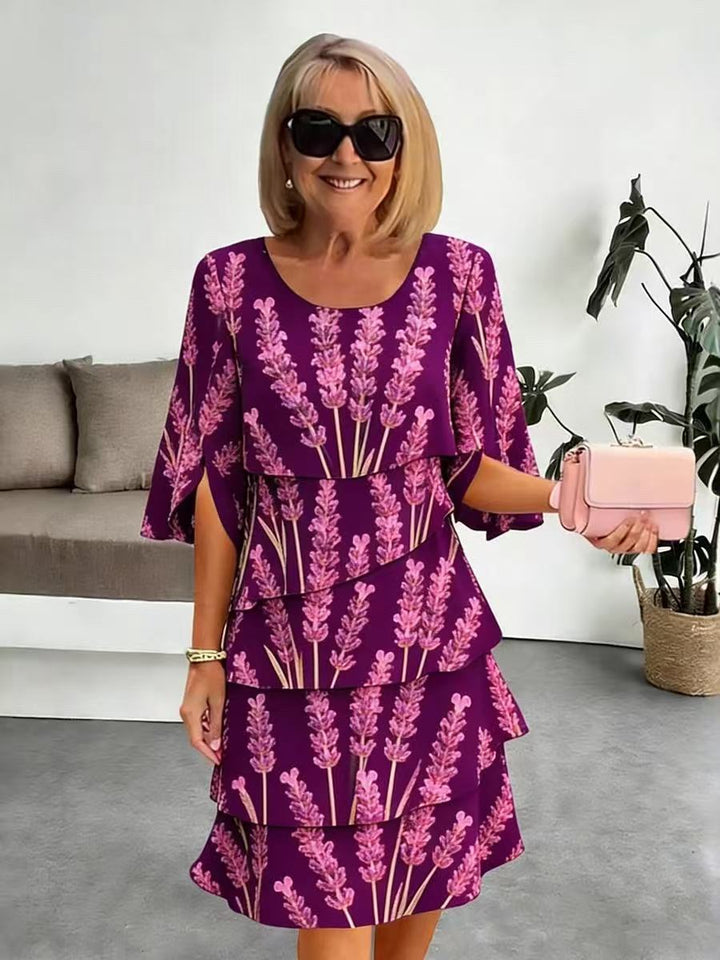 Elyvane™ - Women's Floral Ruffled Dress with Mid-Length and Split Sleeves