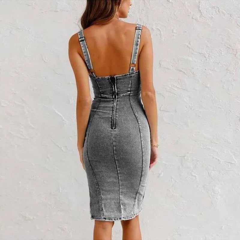Custom-Fit Denim Dress with Adjustable Belt and U-Neck Style