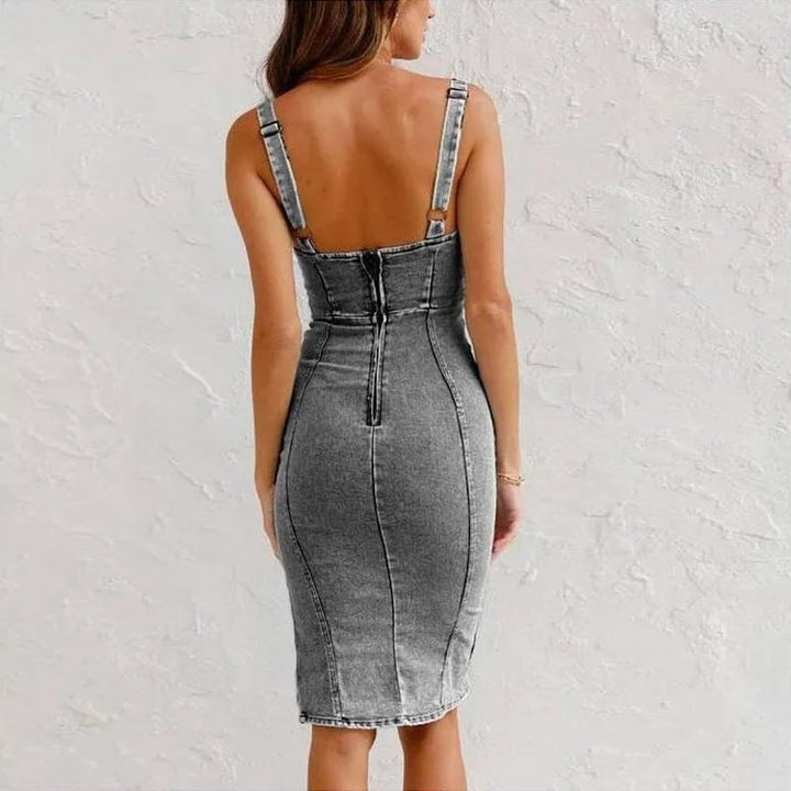 Custom-Fit Denim Dress with Adjustable Belt and U-Neck Style