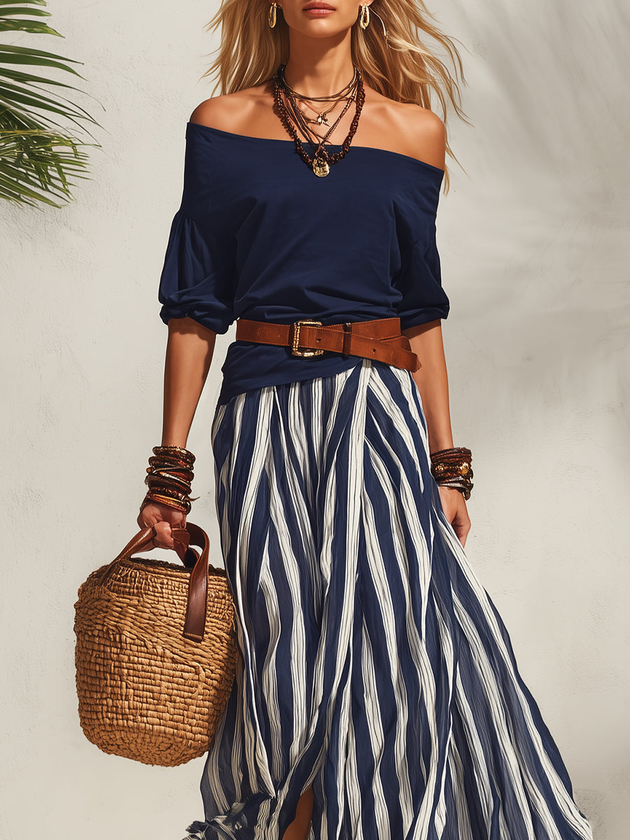 Navy Blue Off-the-Shoulder Nautical Top with Striped Chiffon Slit Skirt Set