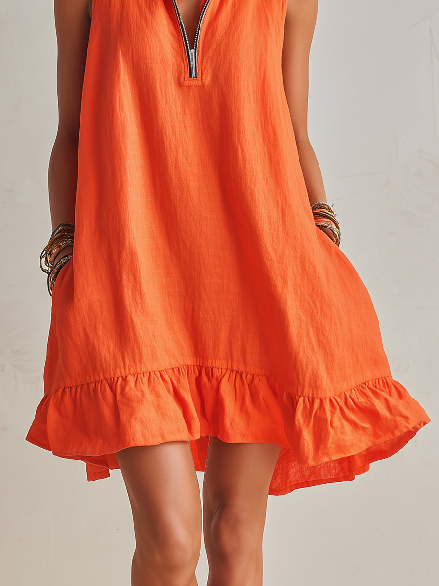 Bright Orange Linen Half-Zip Mini Dress with Ruffled Hem and Stand-Up Collar